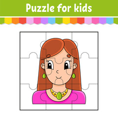 Wall Mural - Puzzle game for kids. Jigsaw pieces. Color worksheet. Activity page. cartoon style. Vector illustration.