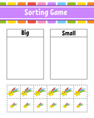 Wall Mural - Sorting game for children. Happy characters. Big and small. Education worksheet. Vector illustration.