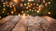 Festive wooden table adorned with vibrant decorations, set against a backdrop of shimmering fairy lights, creating a magical ambiance, Generative Ai

