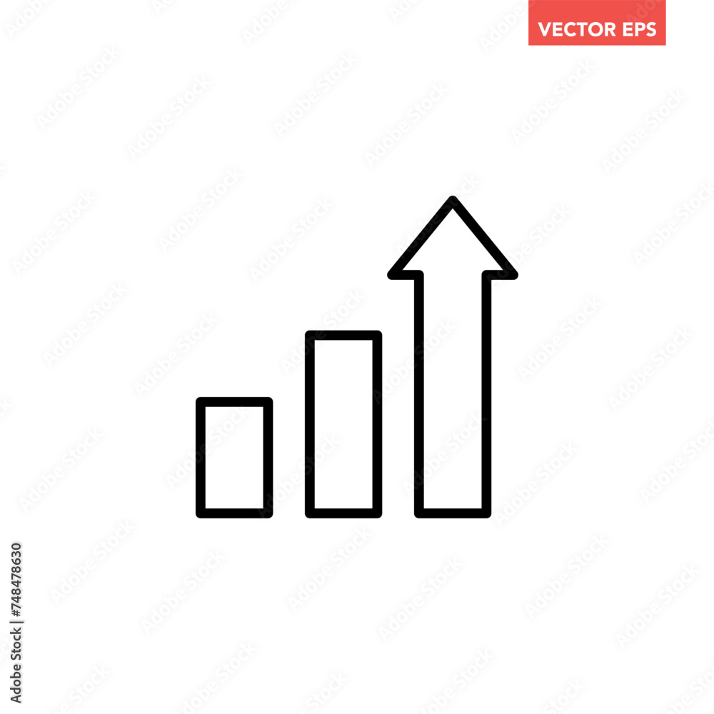 Single black arrow growing pointing up on chart graph bars line icon, success graph trend upwards flat design interface infographic element for app ui web button, vector isolated on white background