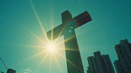 Wall Mural - Silhouette jesus christ crucifix on cross on calvary sunset background concept for good friday he is risen in easter day, good friday jesus death on crucifix, world christian and holy spirit religious