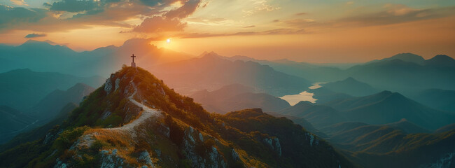 At sunset, the silhouette of the cross symbolizes Jesus Christ's crucifixion and resurrection, reflecting faith and worship in Christian and Catholic belief, leading to heavenly hope