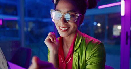 Canvas Print - Woman, night and smile in office with neon, tablet and glasses for reading, information technology or coding. Person, girl and developer with click for programming, excited and creative for software