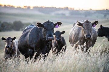 Wall Mural - beautiful cattle in Australia  eating grass, grazing on pasture. Herd of cows free range beef being regenerative raised on an agricultural farm. Sustainable farming of food crops. Cow in field