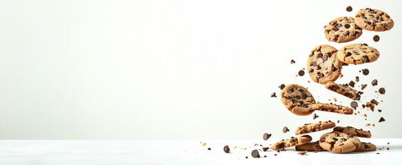 Poster - Dynamic image of chocolate chip cookies in mid-air with crumbs and pieces scattered, against a clean white background with copy space, great for food advertising and culinary blogs