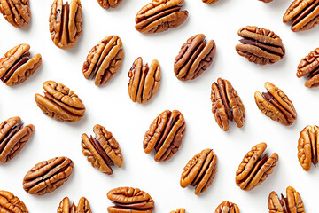 Canvas Print - Pattern of scattered pecan nuts on a white background with ample copy space, ideal for culinary concepts and healthy eating themes