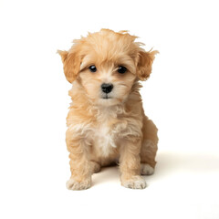 Poster - Adorable Maltipoo  tan and white puppy sitting against a white background with space for text, perfect for pet-related content