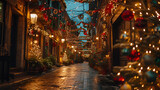 Fototapeta  - Traditional houses decorated with Christmas garlands stand out in the winter night, radiating warmth and charm, illuminating the old city streets with festive spirit, Generative Ai.