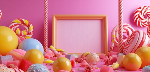 Wall Mural - A 3D art gallery with an empty frame, set in a whimsical world of oversized, colorful candies.