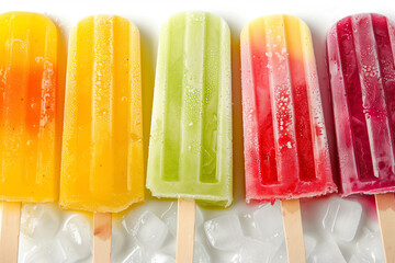 Canvas Print - Assorted colorful fruit popsicles on a white background with melting ice cubes, perfect for summer refreshment themes and copy space designs