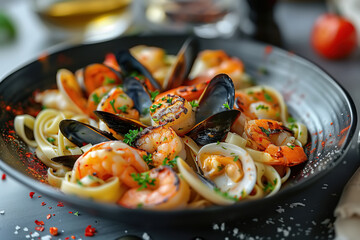 Canvas Print - Delicious asian pasta with shrimp and mussels