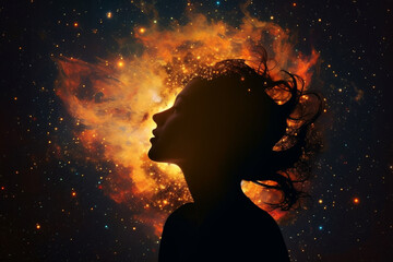 Wall Mural - State of mind concept. Dark woman silhouette in black sky with stars background. Stargazing. Woman black silhouette in colorful cosmos background