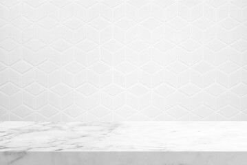 Wall Mural - Abstract Luxury White Marble Table with Kitchen Wall Tiles Texture Background.