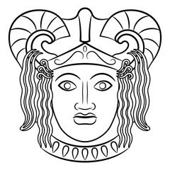 Wall Mural - Antique mask. Head of a warrior woman or goddess wearing helmet. Black and white linear silhouette.