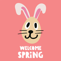Sticker - Welcome spring. Funny bunny. Smiling face. Hand drawn illustration on pink background.
