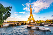 Scenic Panorama Of Eiffel Tower, Seine River, And Pont D'lena In Paris, France