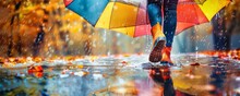 Rainy Autumn Day Colorful Umbrellas And Rain Boots Splashing Through Puddles