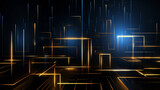 Fototapeta Przestrzenne - Abstract square technology dark blue gold gradient background with digital geometric shape and line. Abstract technology futuristic glowing blue and gold light lines with speed motion blur effect.
