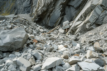 Rockfall: Mountainous Hazards, Area impacted by rockfall, fallen rocks and debris. Area strewn with rocks and debris following a rockfall, indicating the hazards present in mountainous regions.