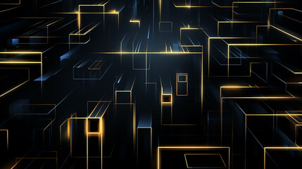 Wall Mural - modern black and light golden square overlapped pattern on background with shadow. black background.