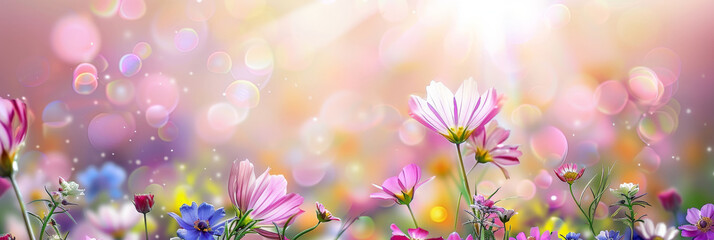 Wall Mural - Spring flowers background with sunbeams, perfect for springthemed designs, nature projects, backgrounds, greeting cards, and floralthemed marketing materials.