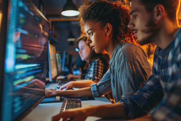 IT developers or programmers working using a computer together in an office