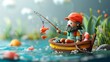 An animated character in a boat catching vibrant orange fish in a whimsical, dreamy waterscape setting.