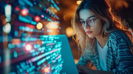 A focused woman works on a laptop with a screen full of code, highlighting themes of programming and technology.