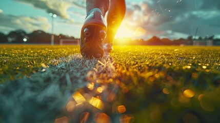 low-angle view of a soccer player's feet on the grass field, with sparkling dew and sunset in the ba