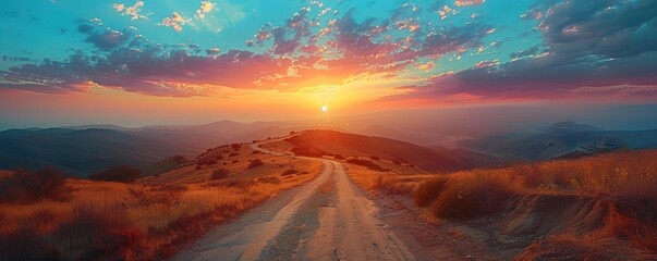 Wall Mural - evening through the fields. bathed in the warm glow of the setting sun, a tranquil path winds throug