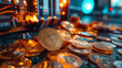 Close-up of a pile of Bitcoin coins with a blurred cryptocurrency mining rig in the background