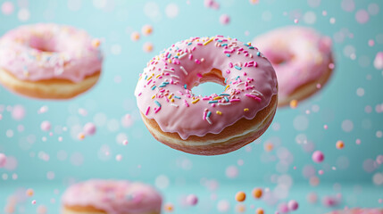 delicious flying donuts with pastel pink glaze and sprinkles on a pastel background