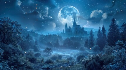 Wall Mural - enchanted night forest. amidst the mystical glow of a full moon, the dark silhouette of trees casts 