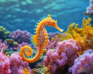 Wall Mural - Stunning Nature Photography of a Seahorse in its Colorful Marine Habitat Explore the Beauty of Tropical Coral Reefs and Exotic Marine Life in the Deep Blue Sea