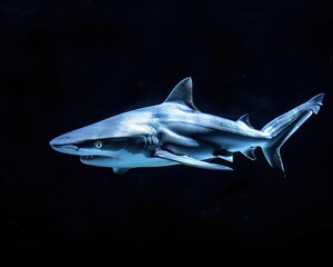 Canvas Print - Magnificent Shark Swimming Among Colorful Tropical Fish in Ocean Reef Explore the Beauty and Danger of Marine Wildlife in Deep Blue Seas