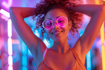 Wall Mural - Beautiful young woman dancing in a nightclub with neon colors lights