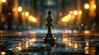Chess piece atop a board evokes power, overseeing the metallic domain victoriously