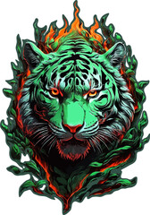 Wall Mural - Green tiger with root and fire vector illustration for t-shirt, stickers and others.