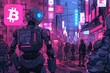 Robots navigate the bustling streets of future cities trading Bitcoins in neon lit exchanges
