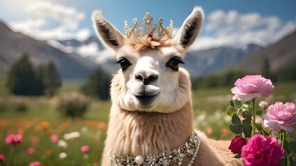 Wall Mural - a funny scene of a llama wearing a tiara, pearls, and a ball gown, striking a regal pose while grazing in a flower-filled meadow.