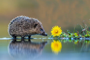 A small hedgehog close to a bright yellow flower, both clearly reflected in the calm, still water below