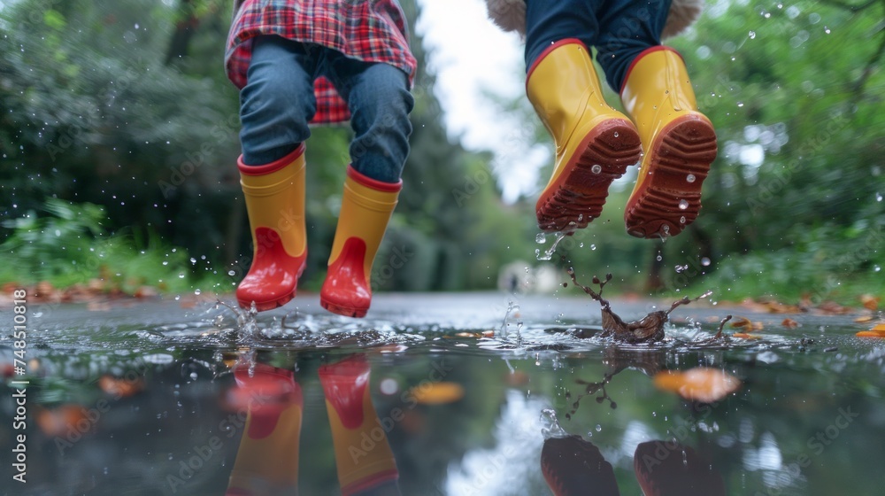 Joyful Kids Splashing in Puddles Generative AI Stock Photo | Adobe Stock