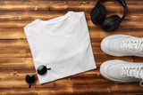 Fototapeta Mapy - Cotton T-shirt mock up on wooden background flat lay