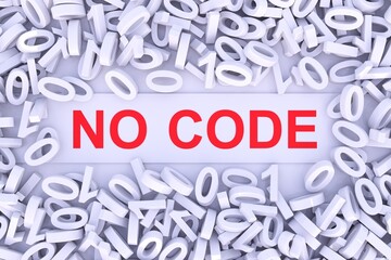 NO CODE concept with scattered binary code 3D illustration