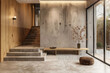 © TANATPON - Interior stylish modern wooden entrance hallway decor with cozy wooden tone, contemporary home with furniture desk, stand and shoe bench.