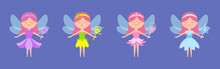 Fairy Little Princess With Wings. Paper Doll Set Line. Different Flower Dress Set. Hair Decoration, Magic Wand. Cute Cartoon Kawaii Funny Magic Character. Flat Design. Violet Background. Isolated.