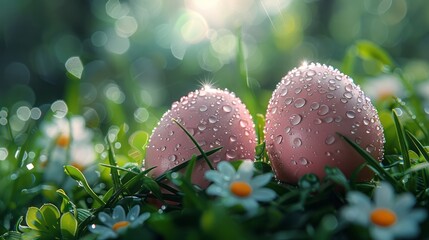 Sticker - A tranquil Easter texture that captures the essence of a spring morning dew, with close-up imagery of dew-kissed Easter eggs nestled in fresh,