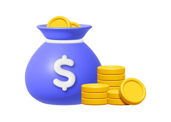Wall Mural - 3d money bag with stack of gold coins and dollar sign icon isolated on transparent background. busin