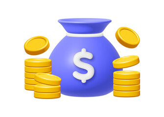 Wall Mural - 3d money bag with stack of gold coins and dollar sign icon isolated on transparent background. busin