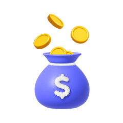 Wall Mural - 3d money bag with falling gold coins and dollar sign sign isolated on transparent background. busine